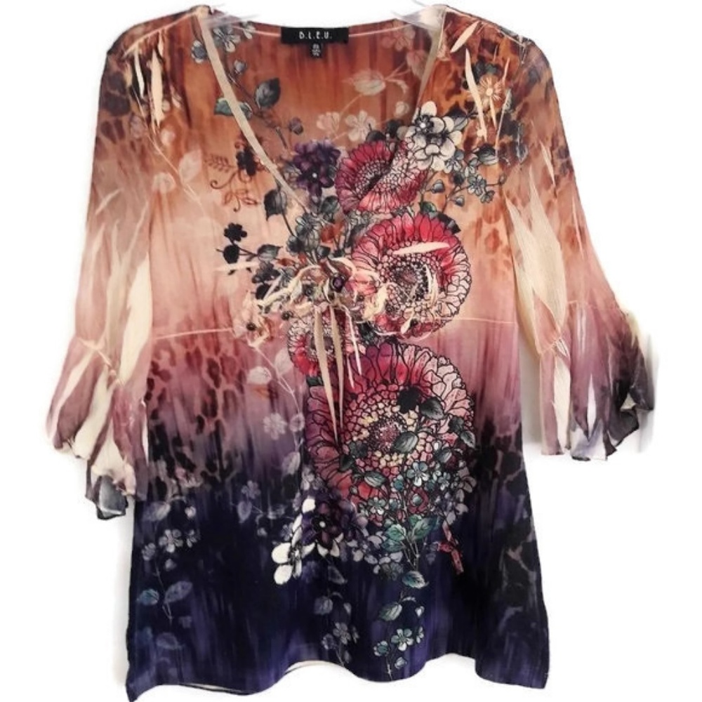 Bleu Tunic V Neck Sheer Flowy Bell Sleeves Boho M